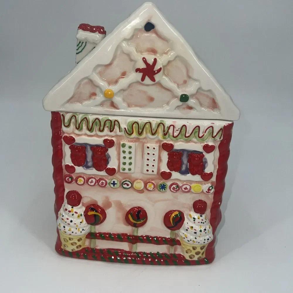 Vintage Candy Gingerbread House Ceramic Cookie Jar Canes‎ Peppermint Christmas